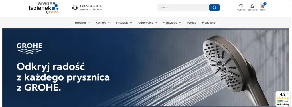 Arena Łazienek: wsparcie e-commerce, artykuły blogowe i treści SEO, które pracują na widoczność w Google i AI